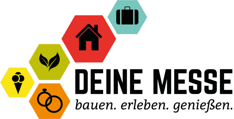 Buntes Logo mit Symbolen für Eis, Blätter, Ringe, Haus und Koffer, daneben steht "Deine Messe: bauen. erleben. genießen."