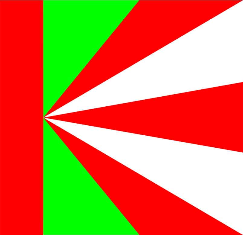 Rote und weiße Strahlen, die von einem Punkt links ausgehen, flankiert von einem roten und einem grünen Bereich.