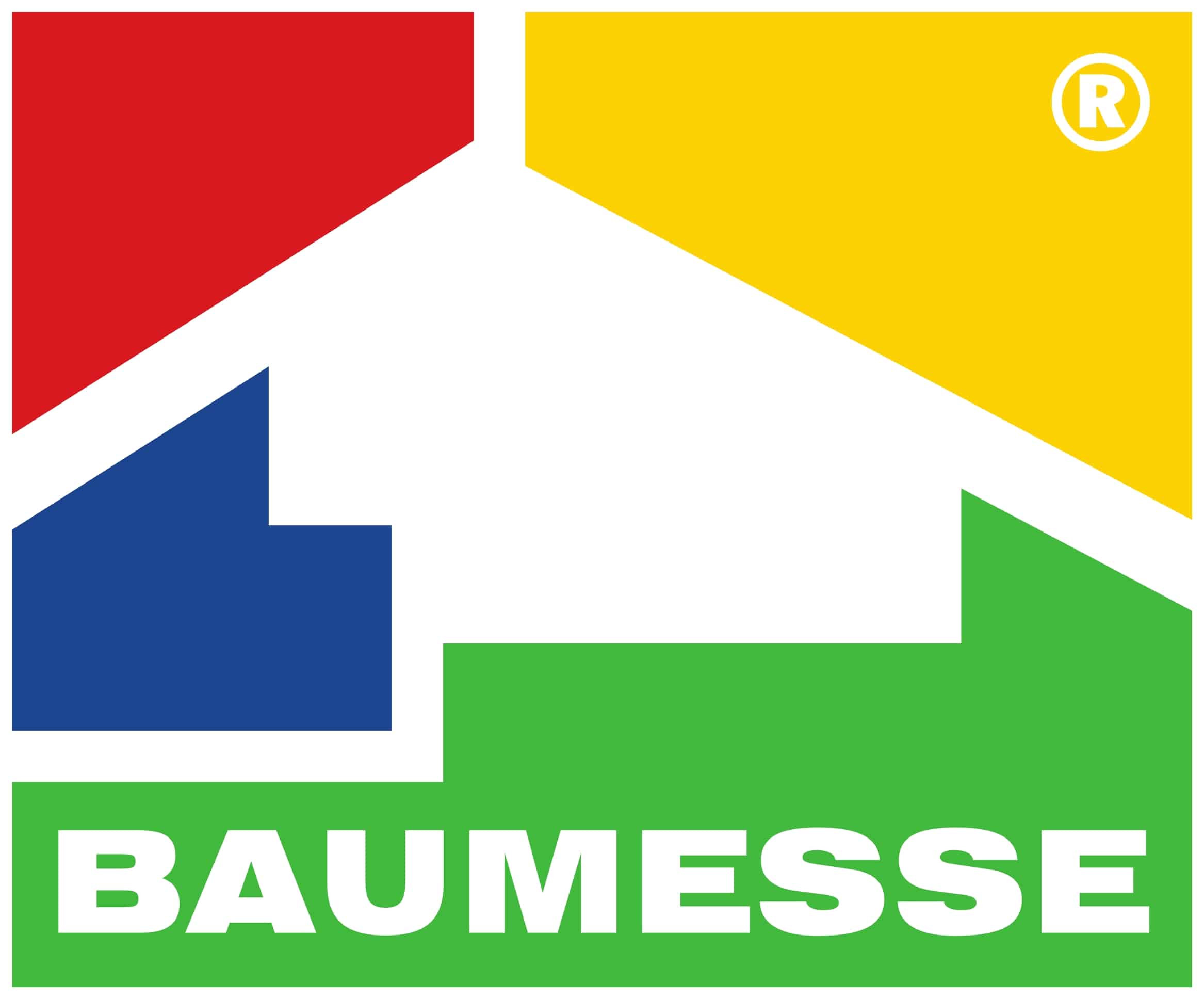 Logo mit roten, blauen, gelben und grünen Elementen, die ein Haus formen, und dem Text "BAUMESSE".